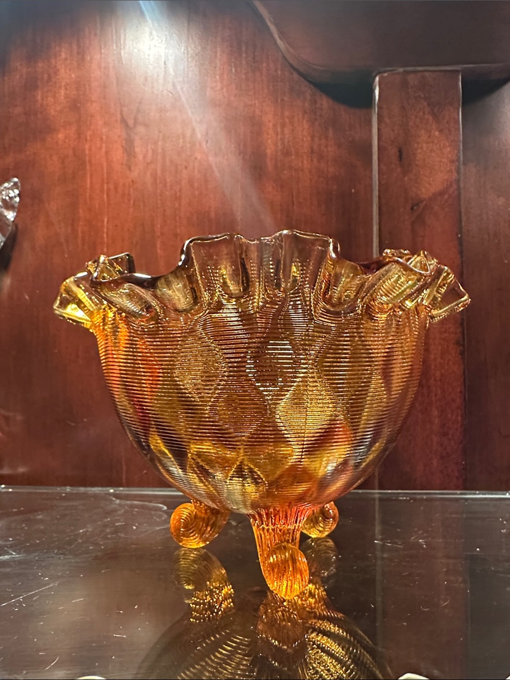 Vintage Fenton Amber Threaded Diamond Optic 3-Toed Ruffled Bowl MCM